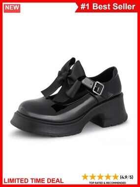 Women's Mary Jane Platform Chunky Block Heels Ankle Strap Detachable Bow